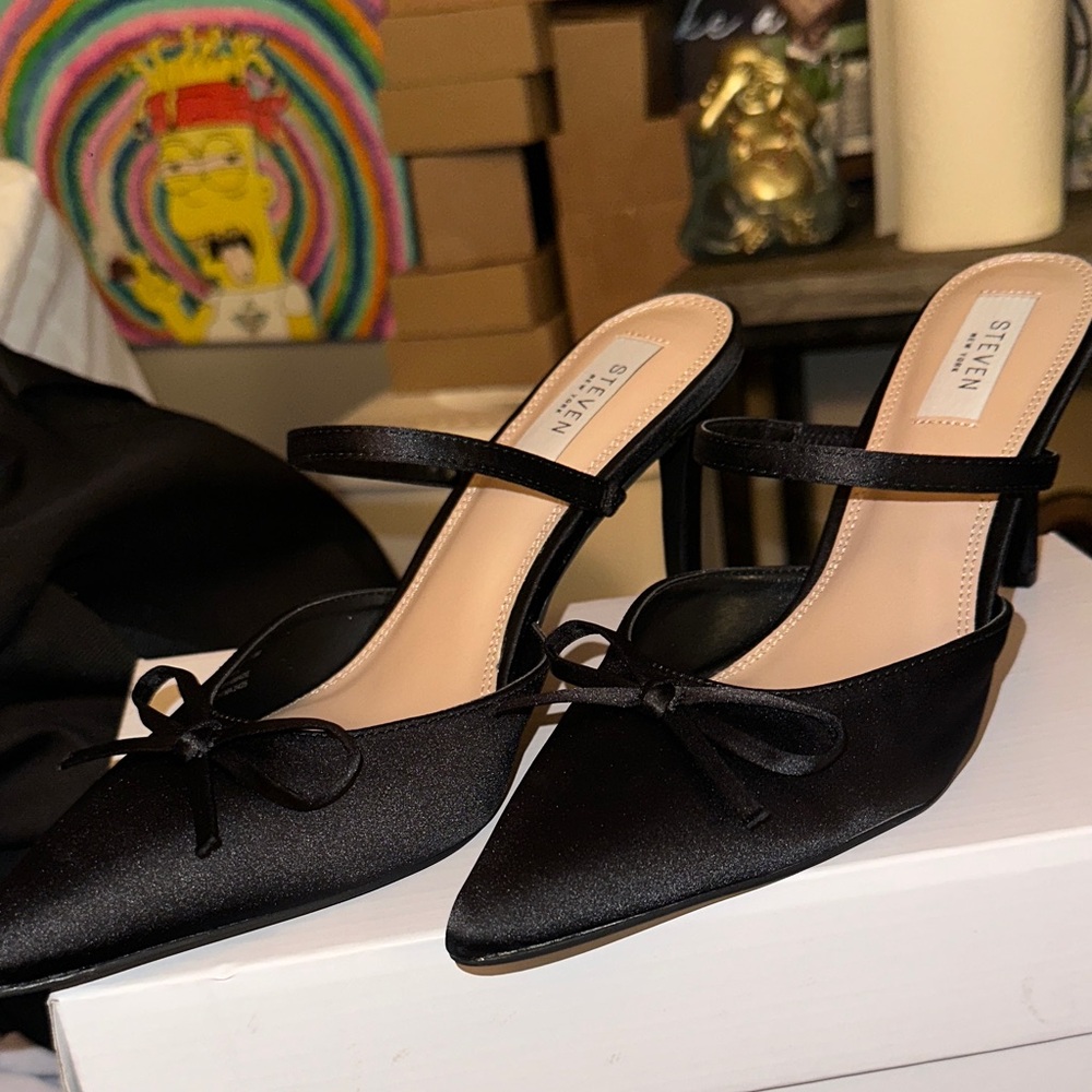 Seven7 Black Satin Heels with Bow